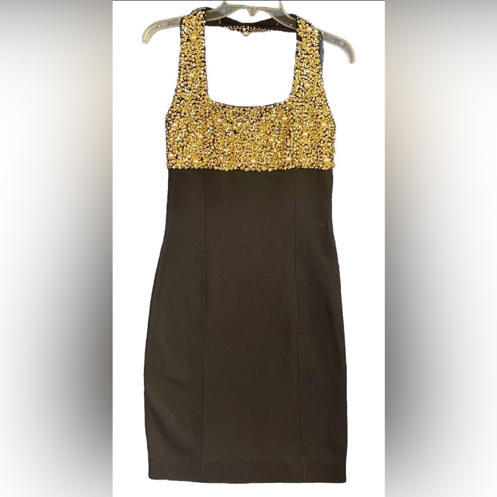 Vintage Outlander Evening Bandage Dress Black Gold Sequin Pearl Bust Halter Med